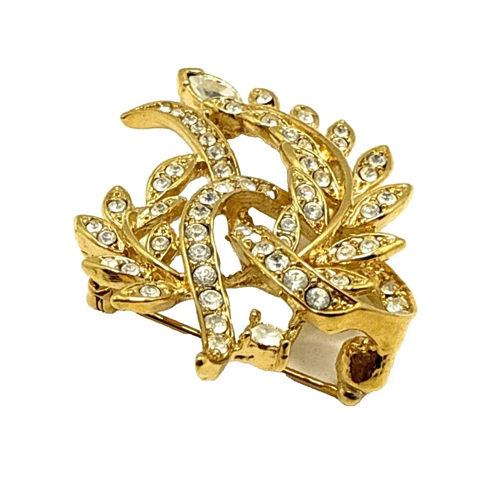 Vintage NWOT Napier Gold Tone Clear Rhinestone Brooch Floral  Fern Ribbon Pin 2